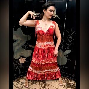 5 for $25! Bisou Bisou Orange/Red Tye Dye Maxi Dress Bead Detailing Size 14.